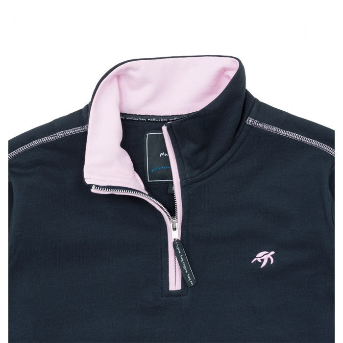 Detailed view of the stylish ribbed cuffs and hem of the Harbour Blue West Coast sweatshirt, complemented by a signature embroidered turtle logo.