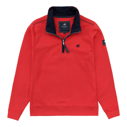 Luxurious Ladies Spicy Red West Coast Sweatshirt featuring a flattering fit, half zip neckline, and elegant side pockets – perfect for casual winter layering.