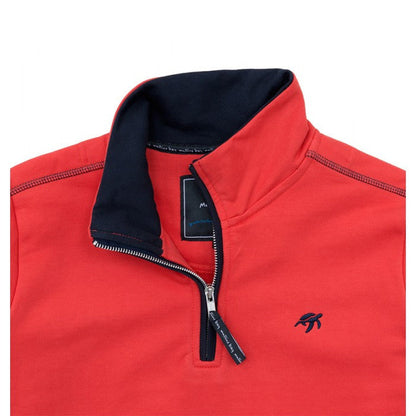 Luxurious Ladies Spicy Red West Coast Sweatshirt featuring a flattering fit, elegant half zip neckline, discreet side pockets, and embroidered Mullins turtle logo, perfect for stylish layering on chilly evenings.