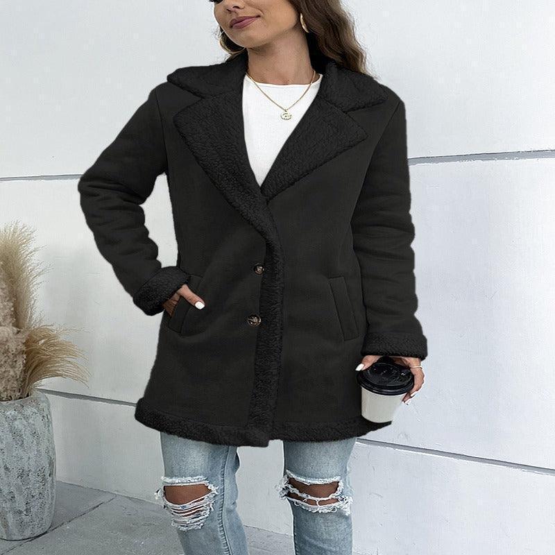 Luxury faux leather long coat with a refined lapel V-neck collar, designed for women seeking elegance and comfort.