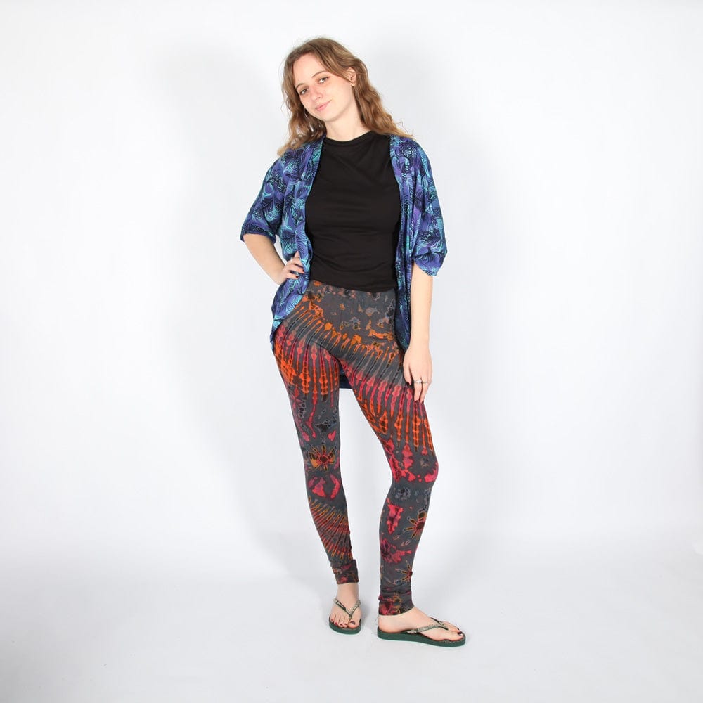Detailed image of the vibrant patterns on tie-dye leggings made from soft rayon blend, emphasizing comfort and vibrant style.