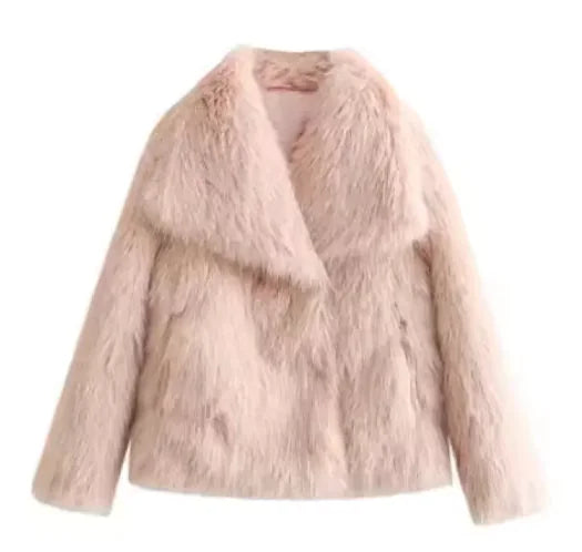 Luxurious Winter Plush Coat with Classic Lapel Collar - Stylish Long Sleeve Outerwear in plush pink, adding a soft touch to your winter wardrobe.