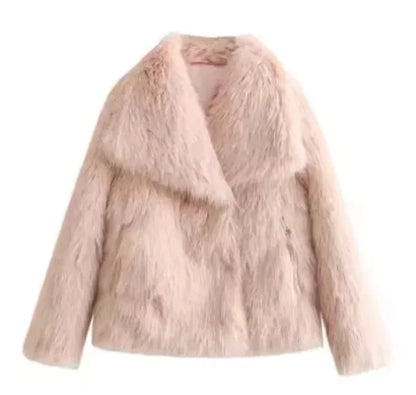 Luxurious Winter Plush Coat with Classic Lapel Collar - Stylish Long Sleeve Outerwear in plush pink, adding a soft touch to your winter wardrobe.