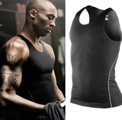 Athlete wearing a Men's Premium Compression Training Shirt alongside the same sleek black sports vest, highlighting versatility for various sports activities.