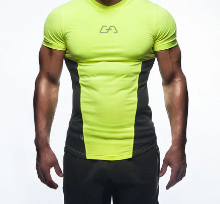 Pristine Quick-Dry Compression T-Shirt in vibrant lime green, paired with sleek black accents, designed for both functionality and luxury in fitness apparel.