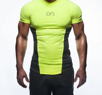 Pristine Quick-Dry Compression T-Shirt in vibrant lime green, paired with sleek black accents, designed for both functionality and luxury in fitness apparel.