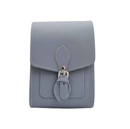 Chic interior view of the Handmade Lilac Grey Leather Festival Phone Bag, highlighting spacious compartments and card pockets for modern functionality and fashion.
