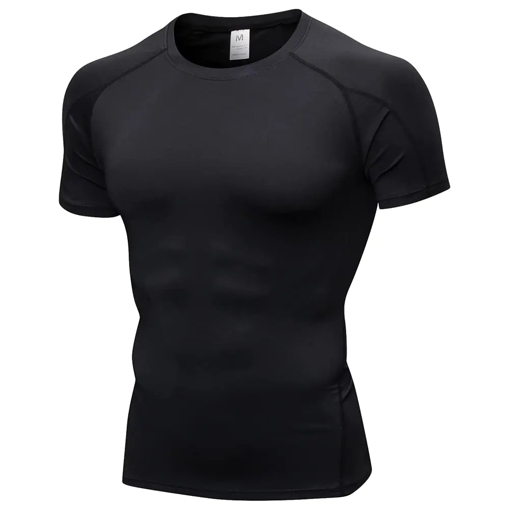 Elegant black short sleeve compression shirt for men, designed for optimal performance and comfort during athletic activities. Fashioned from quick-dry, breathable fabric, featuring a sleek silhouette and flatlock stitching for enhanced mobility.