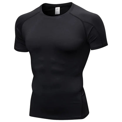 Elegant black short sleeve compression shirt for men, designed for optimal performance and comfort during athletic activities. Fashioned from quick-dry, breathable fabric, featuring a sleek silhouette and flatlock stitching for enhanced mobility.