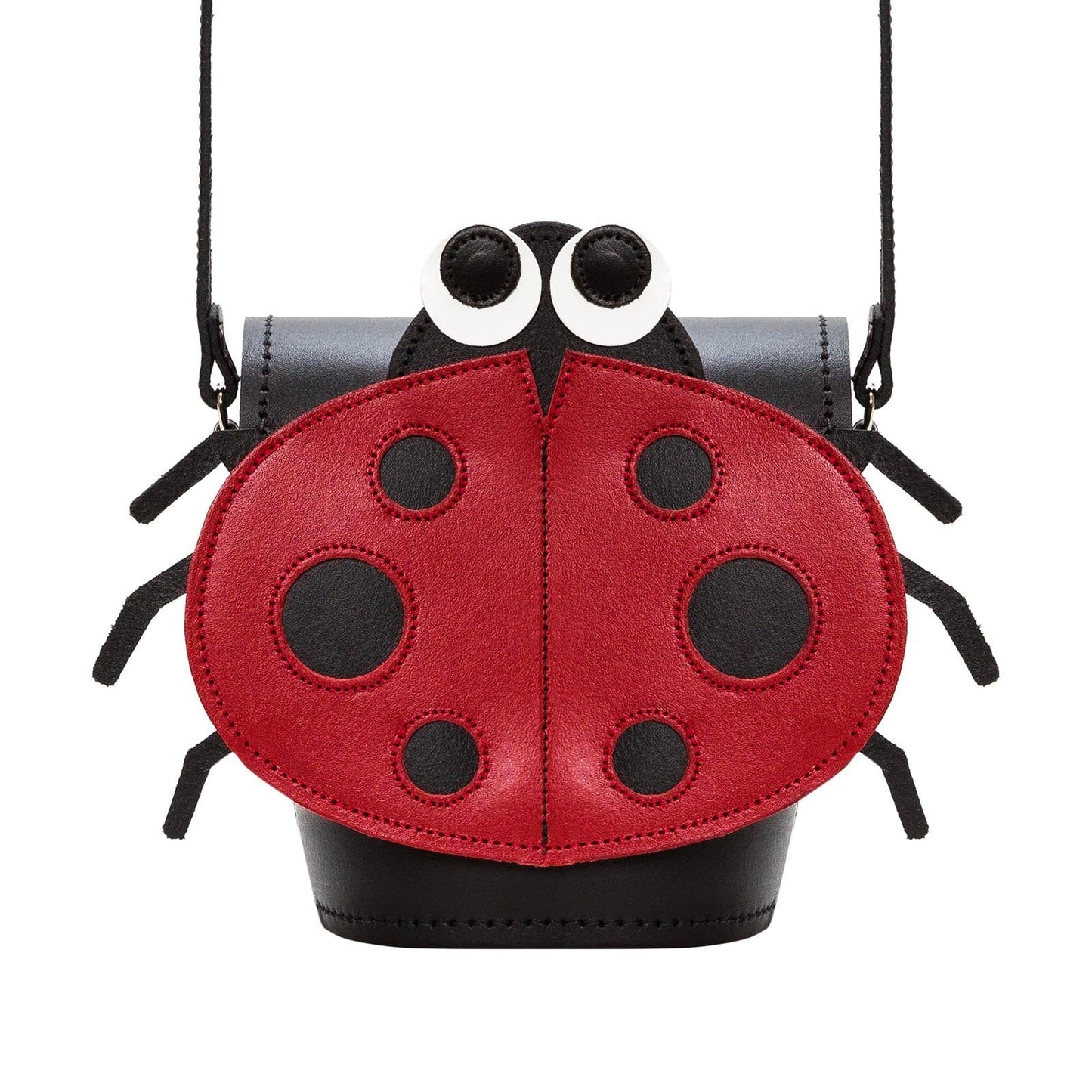 Luna Ladybird Handmade Leather Barrel Bag with unique appliqué ladybug design, showcasing its elegant craftsmanship and luxurious leather texture.