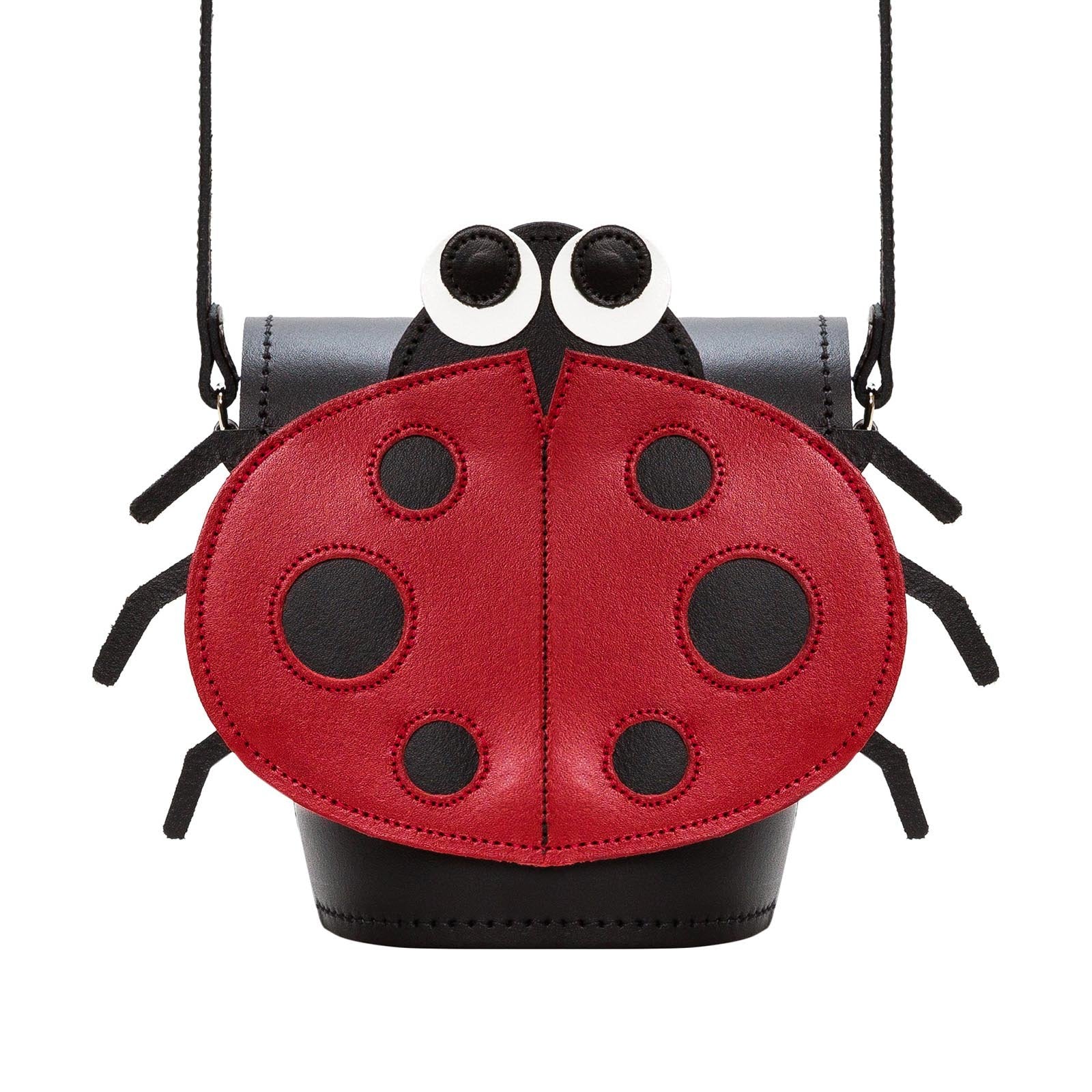 Luna Ladybird Handmade Leather Barrel Bag with unique appliqué ladybug design, showcasing its elegant craftsmanship and luxurious leather texture.