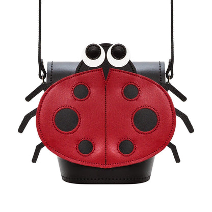 Luna Ladybird Handmade Leather Barrel Bag with unique appliqué ladybug design, showcasing its elegant craftsmanship and luxurious leather texture.