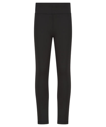 Close-up view of kids' high-waisted stretch leggings, showcasing soft fabric made from recycled materials and an ergonomic rear pocket.