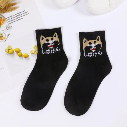 Stylish Hip Hop Long Socks for Women & Girls showcasing a playful Shiba Inu dog design on a black background, made from a comfortable cotton and polyester blend, perfect for adding a trendy twist to your footwear collection.