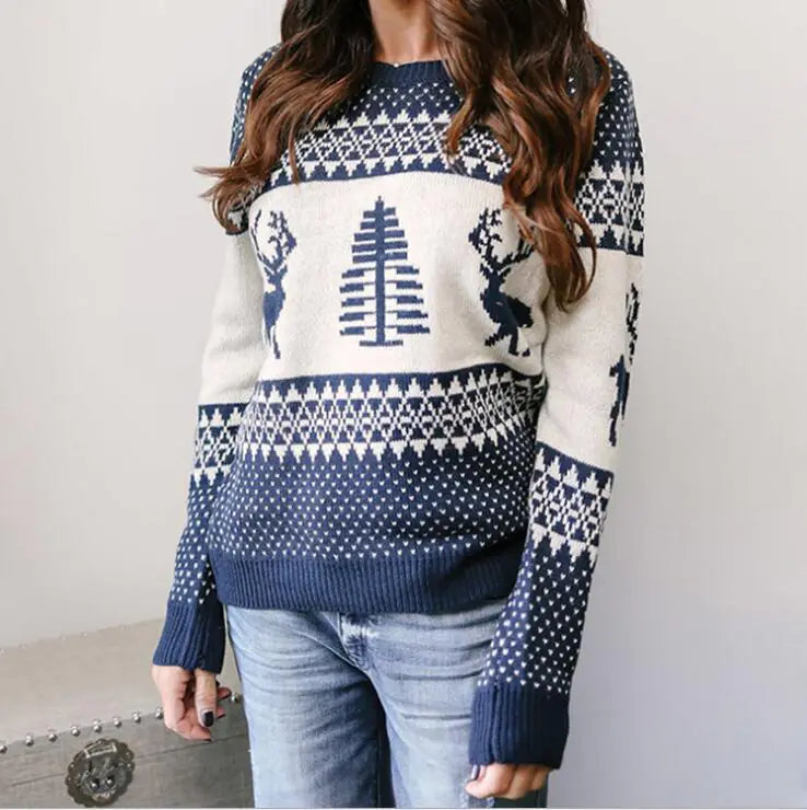 Fashionable Christmas Reindeer Sweater in navy, featuring fine details of reindeer designs, perfect for winter festivities.