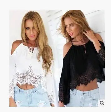 Stylish duo of black and white lace chiffon blouses, showcasing off-shoulder designs, perfect for versatile wardrobe styling.