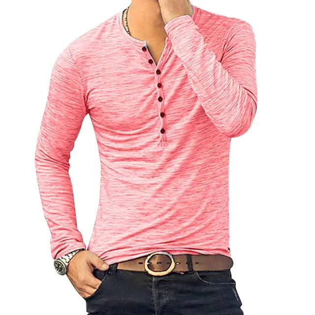 Men's Tee Shirt Button up V-Neck Long Sleeve