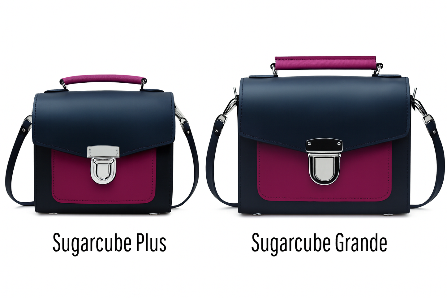 Handmade Two Tone Sugarcube Leather Handbag in Black and Magenta - Plus Size, Adjustable Strap