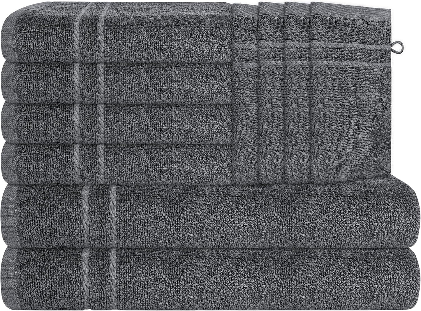 Luxurious Maris 10 Piece Charcoal Towel Bale Set featuring 2 plush bath towels, 4 soft hand towels, and 4 wash gloves, made from premium 100% cotton for superior absorbency and elegance, ideal for enhancing any modern bathroom decor.