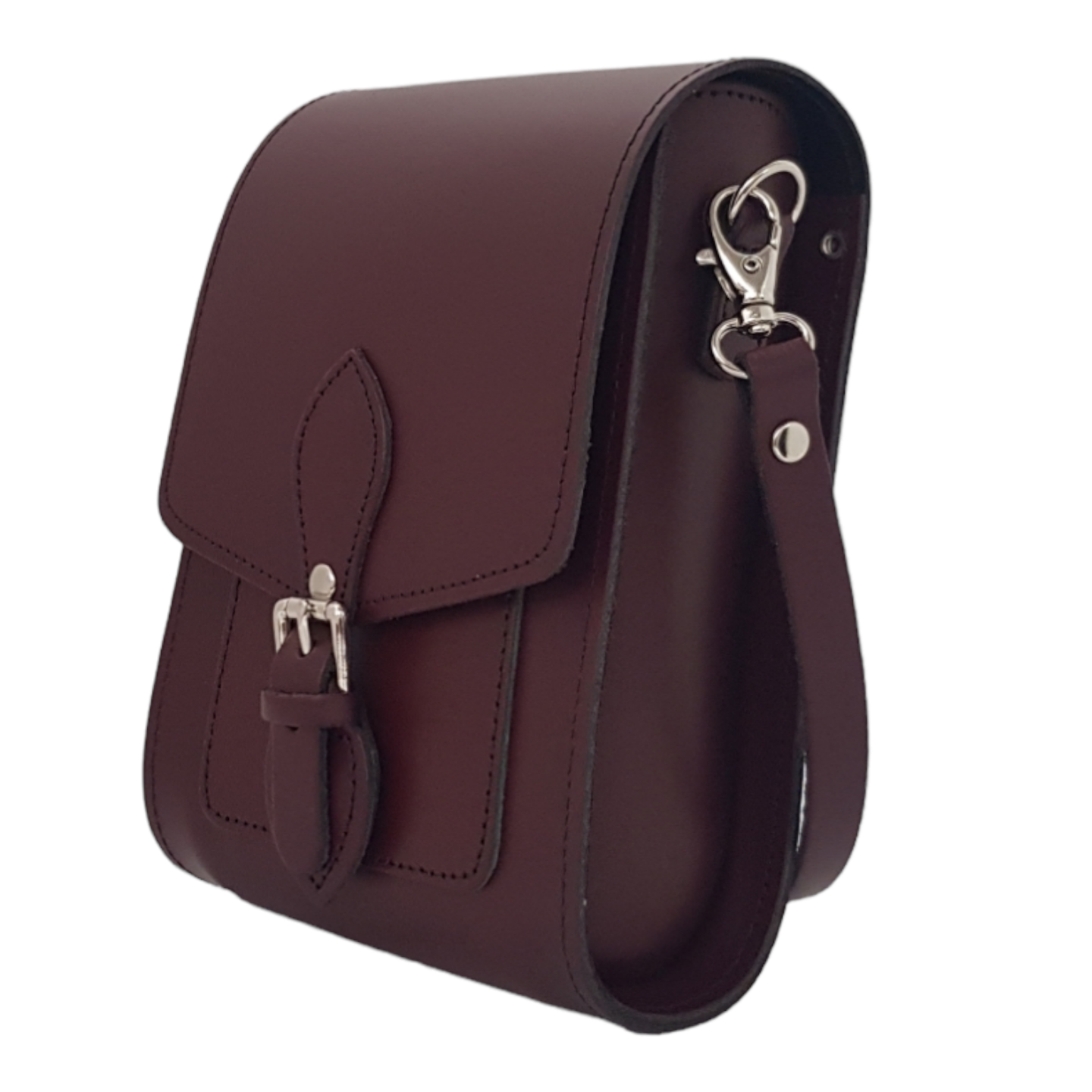 Elegant Handmade Marsala Red Leather Festival Phone Bag by Zatchels, featuring an adjustable strap and stylish magnetic closure, perfect for enhancing festival outfits.