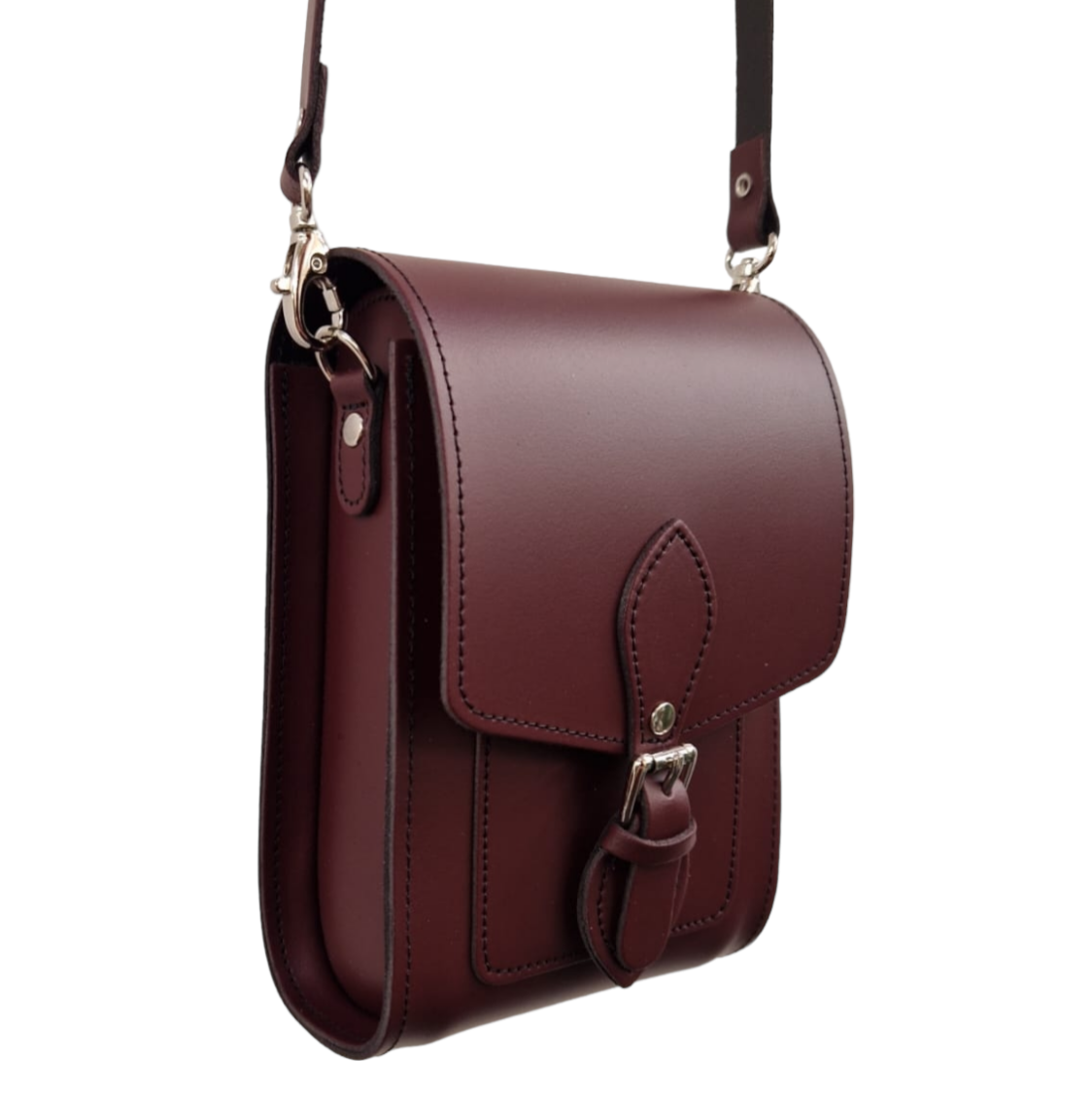 Handmade Marsala Red Leather Festival Phone Bag with Adjustable Strap & Magnetic Closure