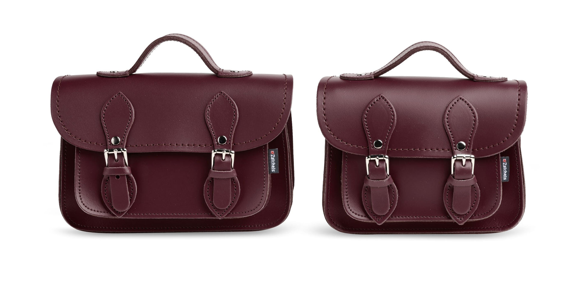 Detail of the matching stitching and nickel silver buckles on the Handmade Marsala Red Leather Micro Satchel, highlighting its luxurious quality and practicality.