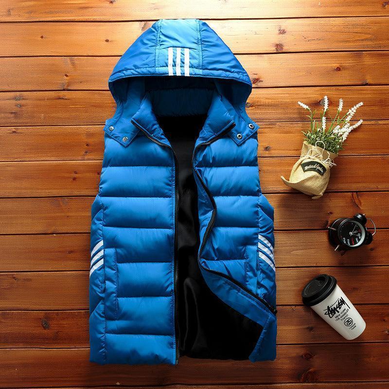 Chic men's sleeveless vest jacket with detachable hoodie, designed for casual and leisure activities.