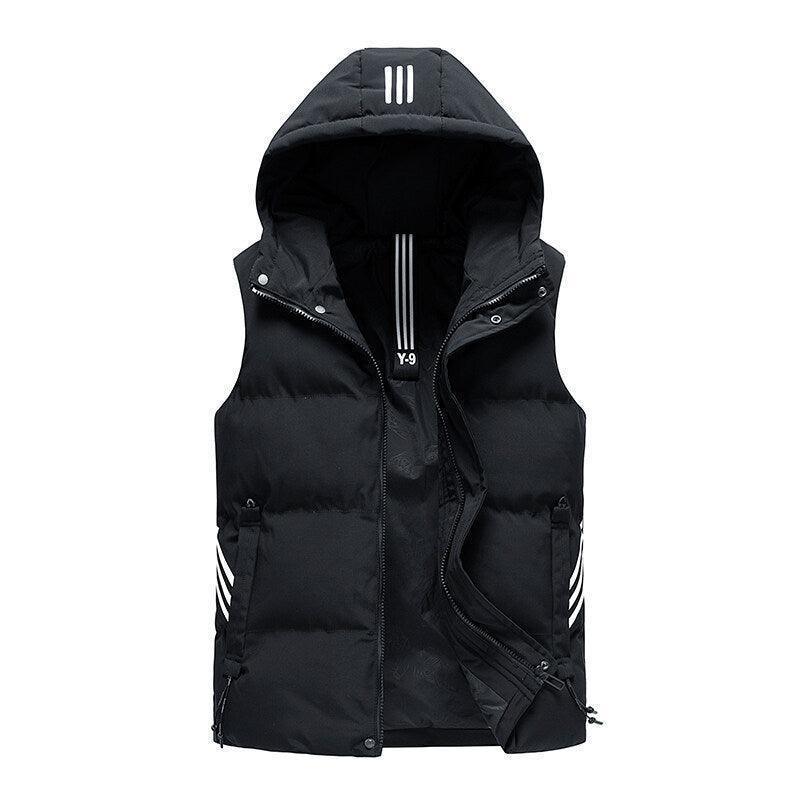 Luxurious men's padded detachable hoodie striped vest jacket, showcasing a stylish design suitable for casual or sporty occasions.