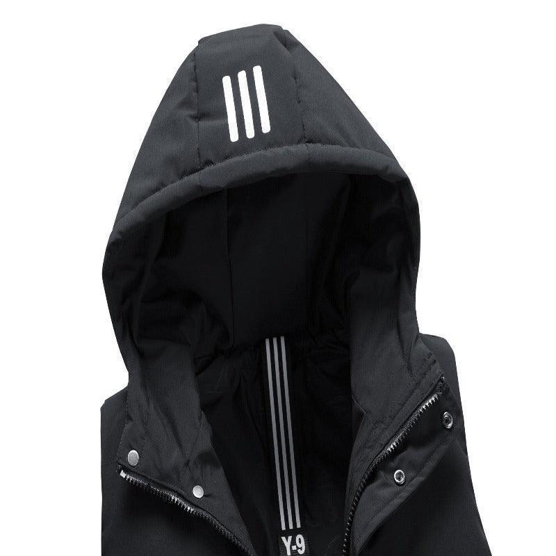 Sleek view of the men's padded vest jacket showcasing the modern striped design and detachable hood, ideal for both casual and upscale occasions.