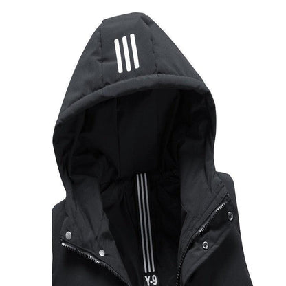Sleek view of the men's padded vest jacket showcasing the modern striped design and detachable hood, ideal for both casual and upscale occasions.