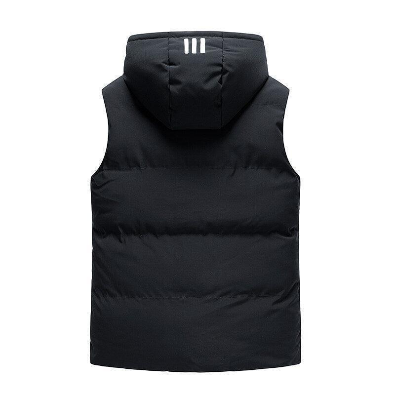 Elegant men's padded detachable hoodie striped vest jacket in black and grey, available in sizes S to 7XL, perfect for stylish layering in all seasons.