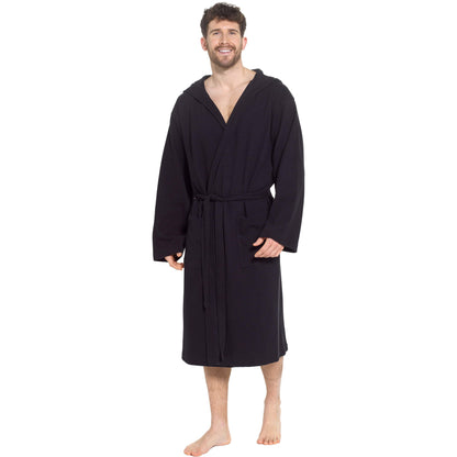 Luxury men's hooded waffle cotton bathrobe in elegant black, showcasing its stylish design and premium quality fabric, ideal for relaxation and comfort at home or spa.