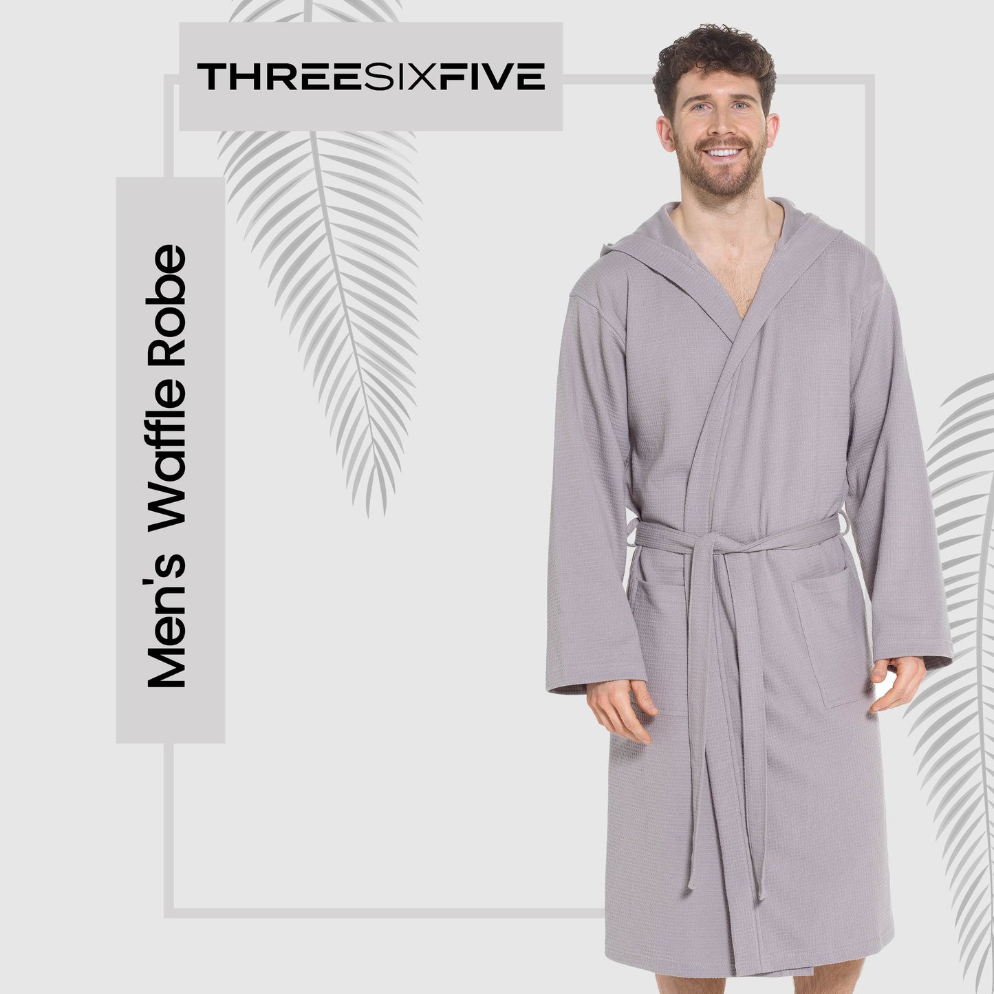Men's Grey Hooded Bathrobe displayed in various sizes, highlighting its stylish look and functional design suitable for home use.
