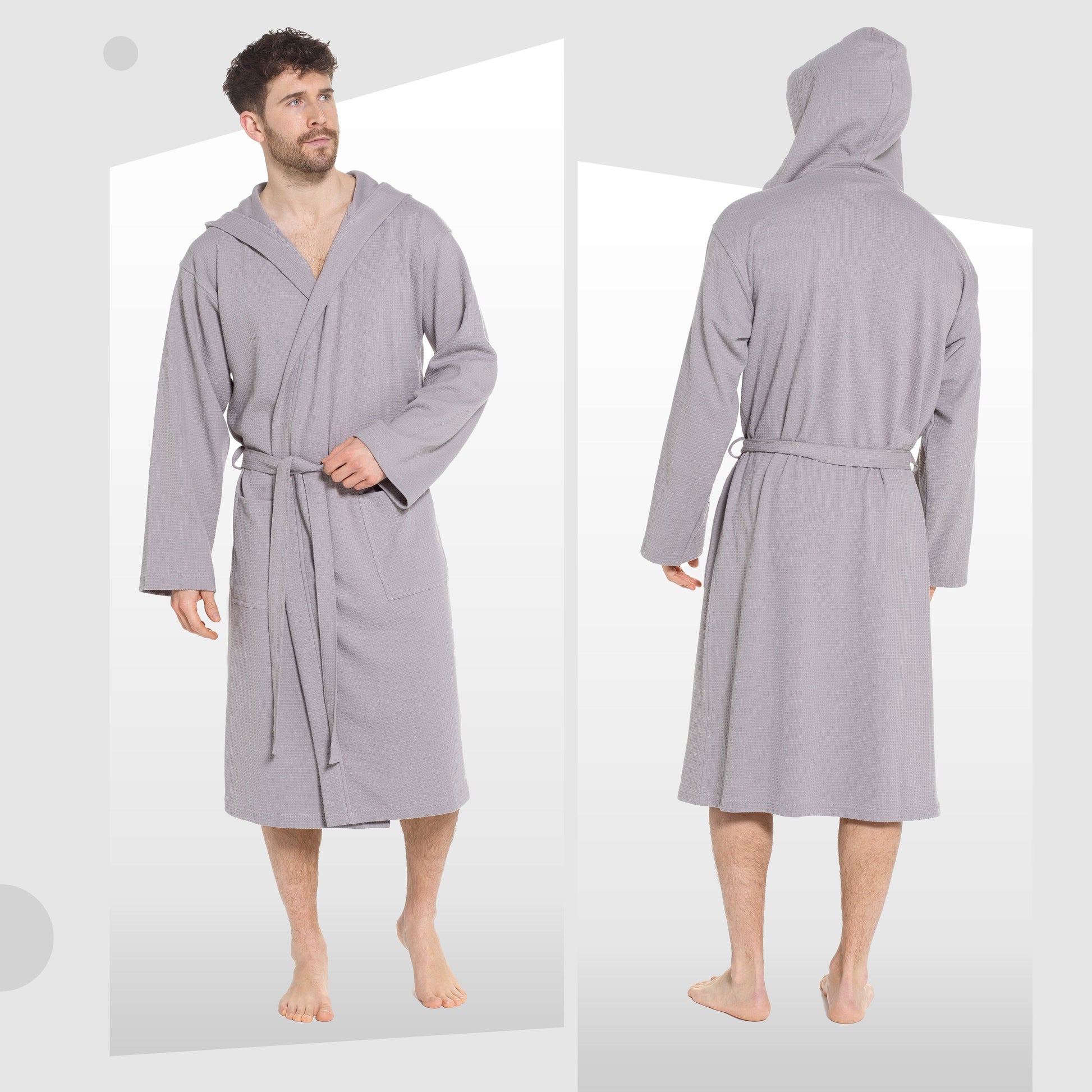 Elegant grey bathrobe highlighting the versatile and stylish hood design, perfect for post-bathing relaxation.