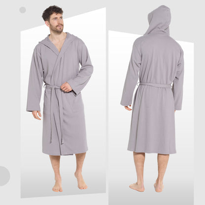 Elegant grey bathrobe highlighting the versatile and stylish hood design, perfect for post-bathing relaxation.
