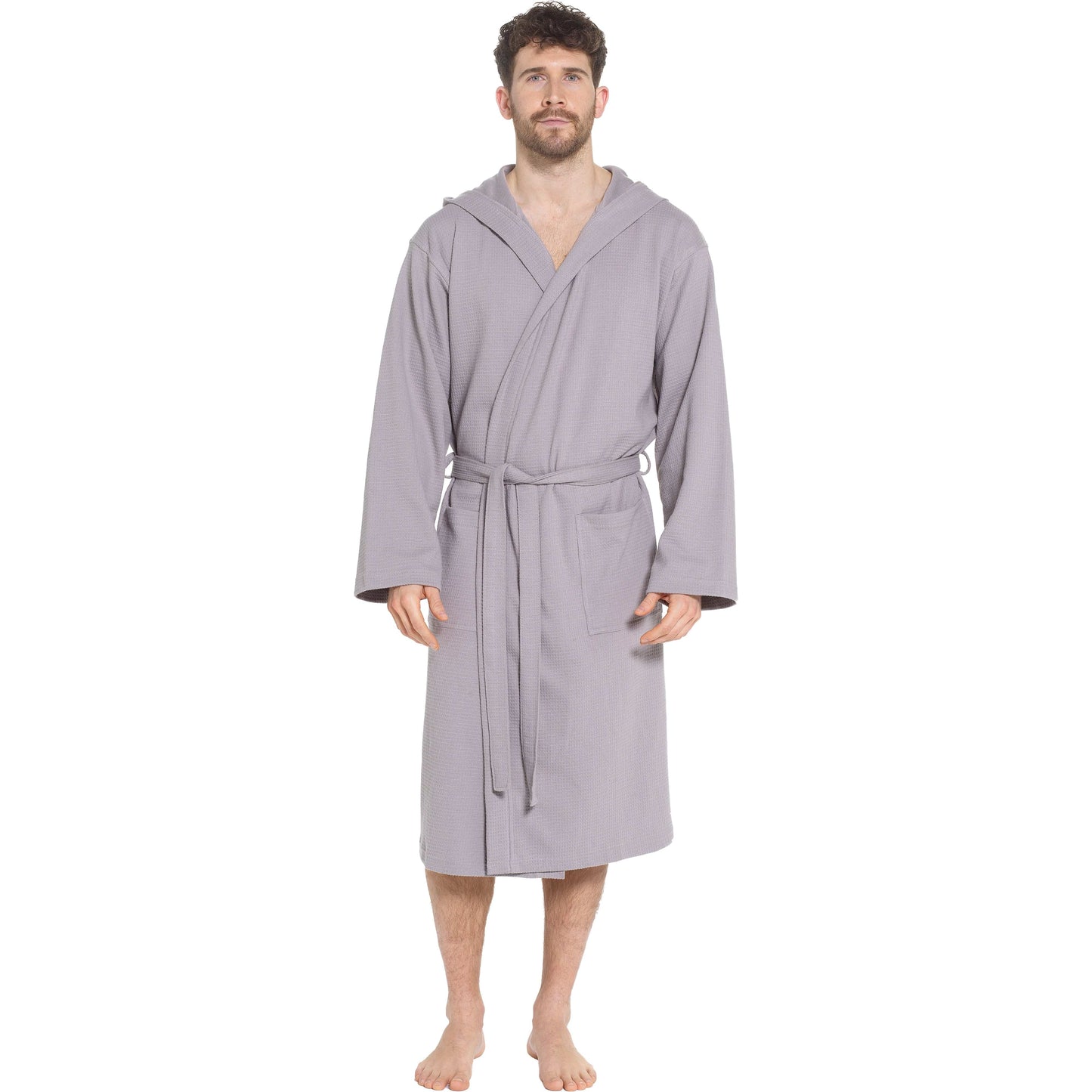 Premium Men's Hooded Waffle Cotton Bathrobe in Grey, designed for luxury home and spa use, showcasing its soft texture.