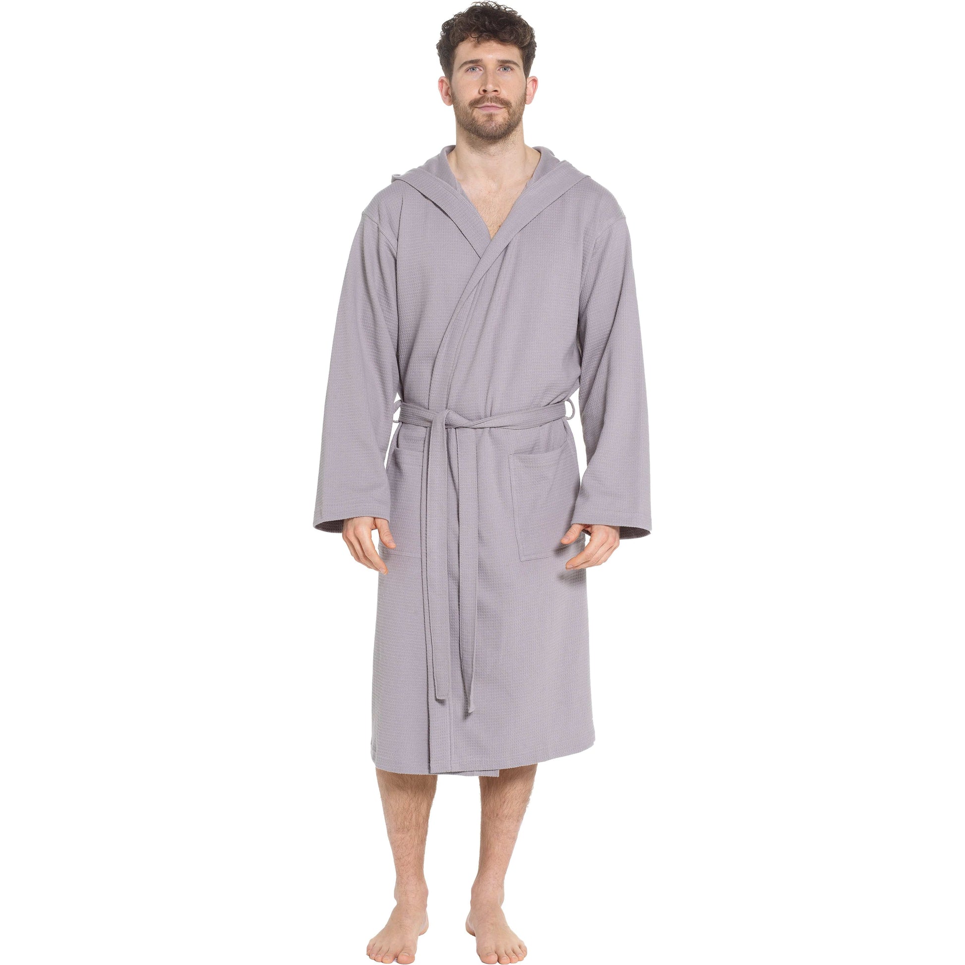Premium Men's Hooded Waffle Cotton Bathrobe in Grey, designed for luxury home and spa use, showcasing its soft texture.