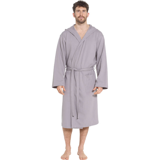 Men's Luxury Hooded Waffle Cotton Bathrobe in Grey - Super Absorbent Spa Robe for Home & Loungewear