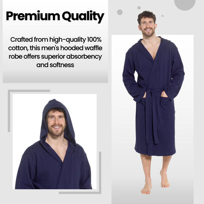 Close-up of the soft waffle texture of the Men's Hooded Cotton Bathrobe in Navy, emphasizing the premium quality and absorbency for ultimate comfort.
