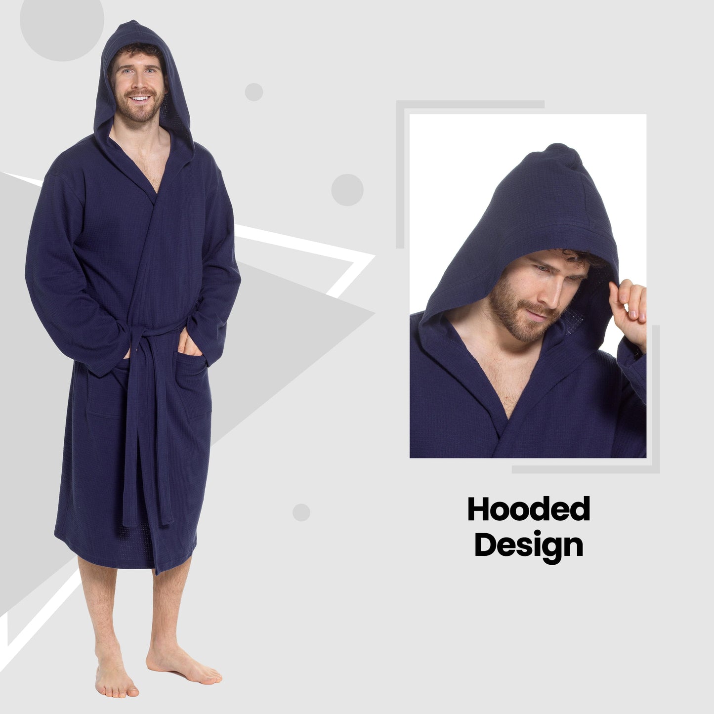 Elegant Men's Hooded Navy Waffle Cotton Bathrobe by OLIVIA ROCCO, showcasing a luxurious design ideal for home loungewear and spa days.