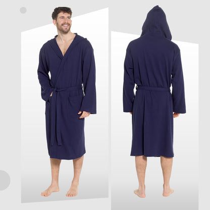Elegant and absorbent Men's Hooded Navy Waffle Bathrobe, ideal for loungewear and after shower comfort, enhancing everyday luxury with premium cotton texture.