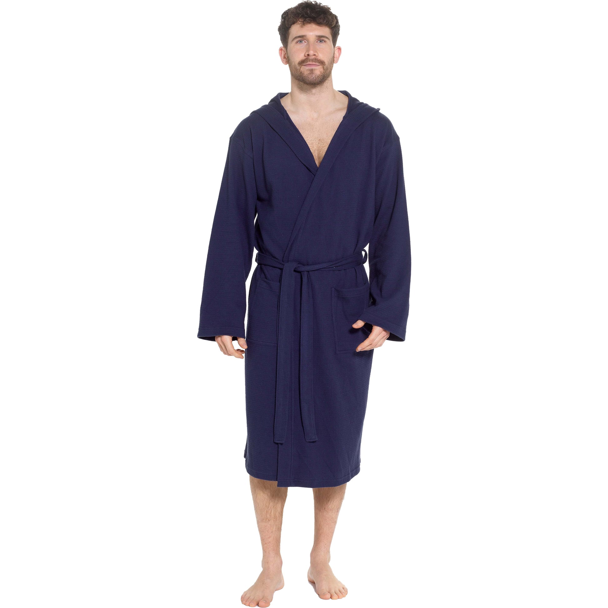Men's Hooded Navy Waffle Cotton Bathrobe by OLIVIA ROCCO, showcasing luxurious soft cotton design with stylish hood, perfect for home relaxation and spa use.