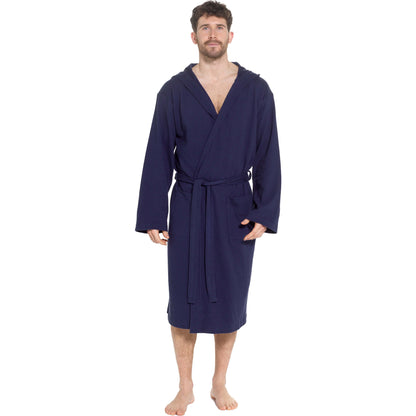 Men's Hooded Navy Waffle Cotton Bathrobe by OLIVIA ROCCO, showcasing luxurious soft cotton design with stylish hood, perfect for home relaxation and spa use.