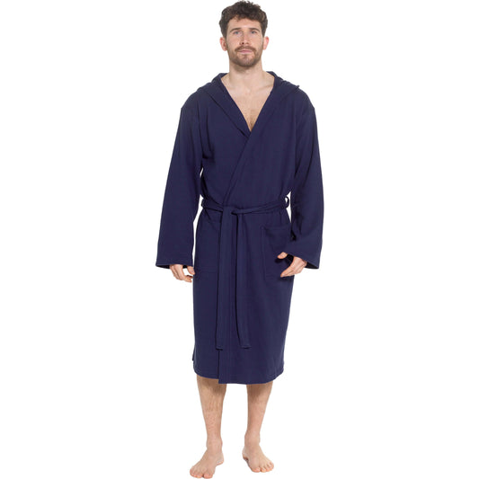 Men's Hooded Navy Waffle Cotton Bathrobe by OLIVIA ROCCO, showcasing luxurious soft cotton design with stylish hood, perfect for home relaxation and spa use.