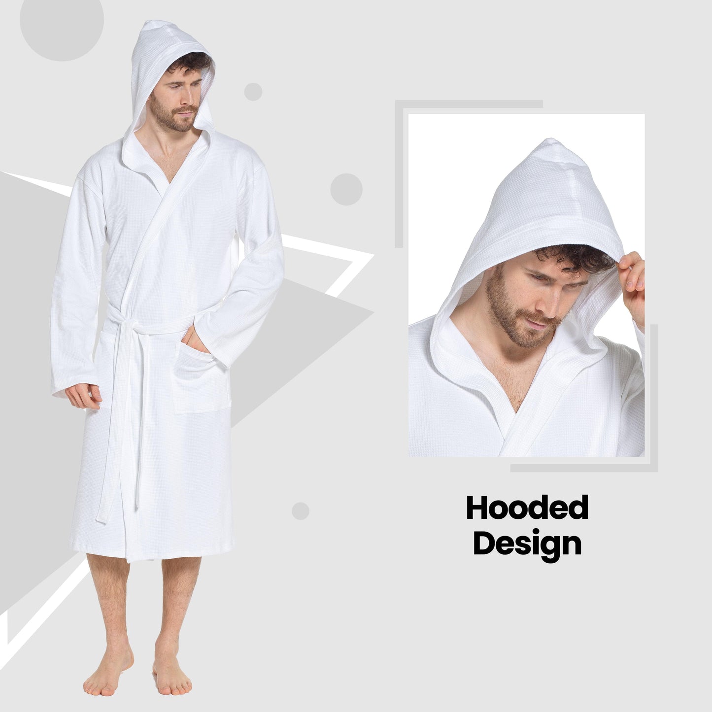 Men's Hooded Bathrobe with stylish hood, perfect for spa days and home lounging, combining functionality with a timeless look.