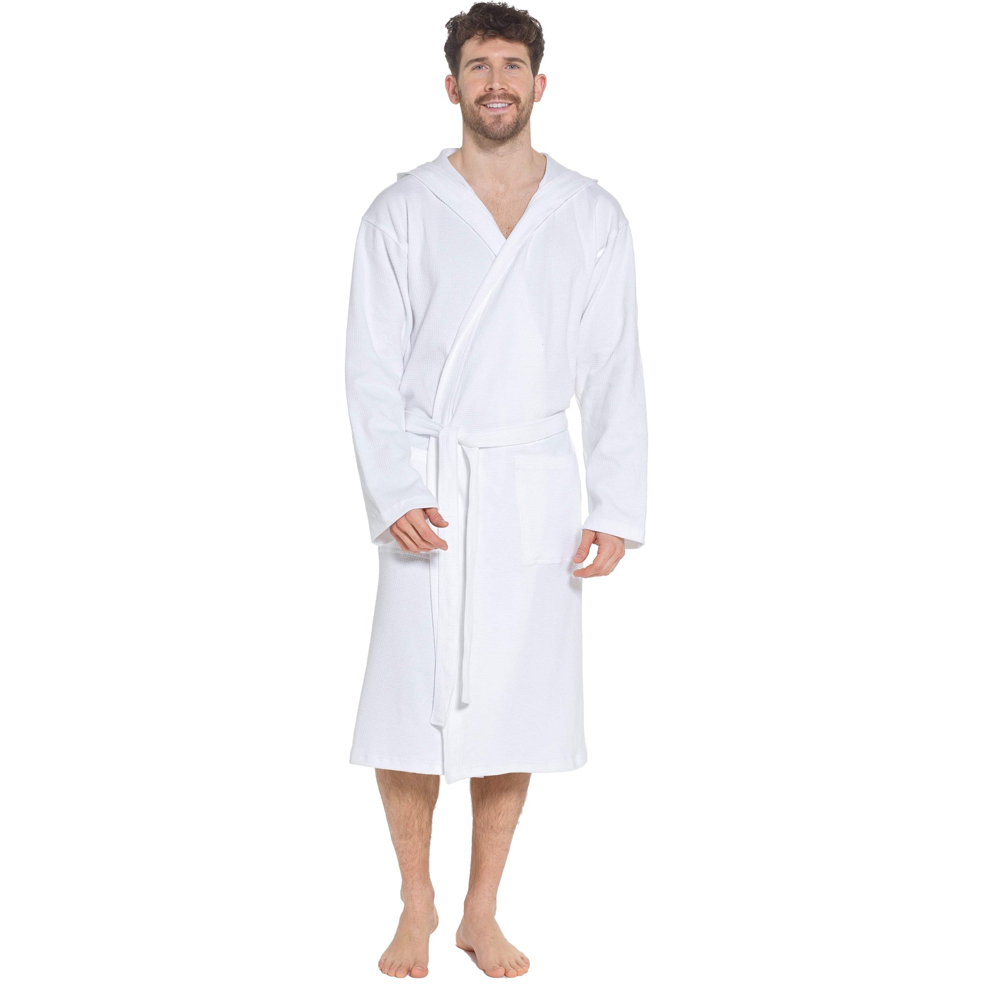 Luxurious Men’s Hooded Waffle Cotton Bathrobe in elegant white color, showcasing its exceptional absorbency and stylish design for ultimate comfort and relaxation.