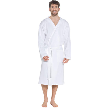 Luxurious Men’s Hooded Waffle Cotton Bathrobe in elegant white color, showcasing its exceptional absorbency and stylish design for ultimate comfort and relaxation.
