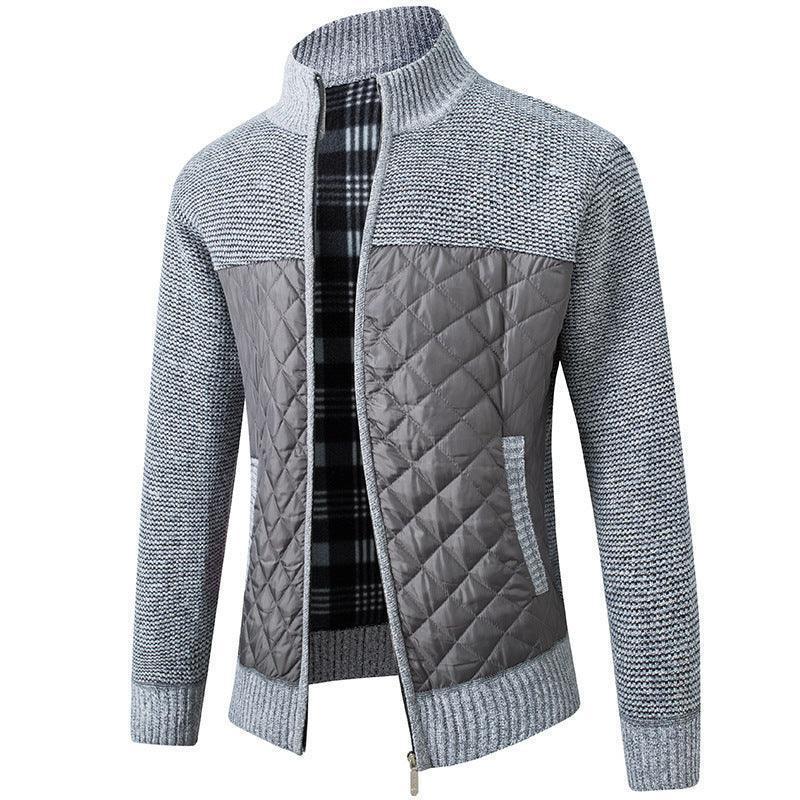 Chic dark grey men's quilted jacket with stand collar and zipper, perfect for elevating casual and business outfits.