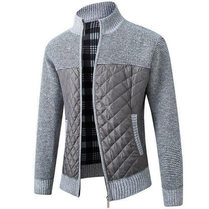 Chic dark grey men's quilted jacket with stand collar and zipper, perfect for elevating casual and business outfits.