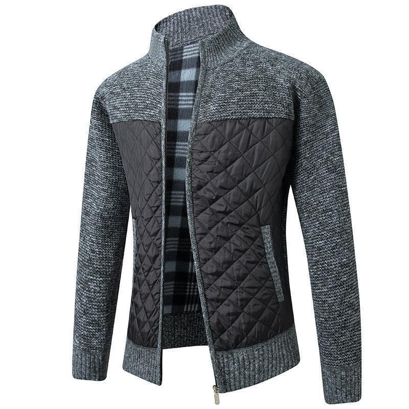 Stylish blue grey men's quilted zipper jacket, designed with a sophisticated stand-up collar for a modern yet classic look.